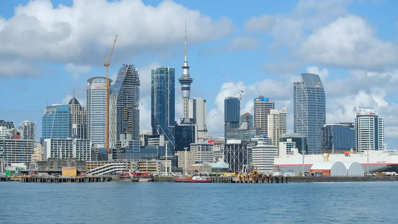 The Auckland skyline and Sky Tower from the Waitematā Harbour, Auckland