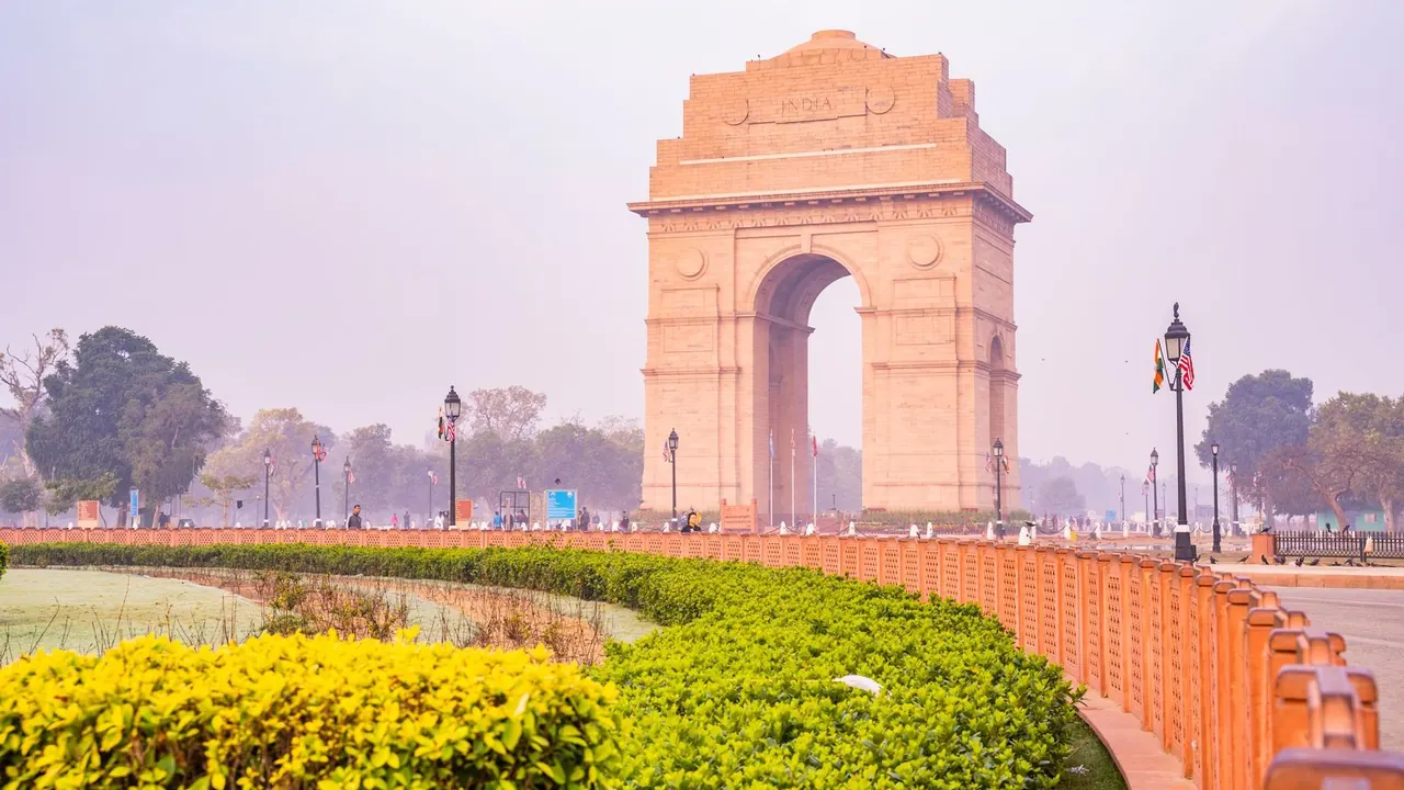 India Gate behind its flower beds, Delhi