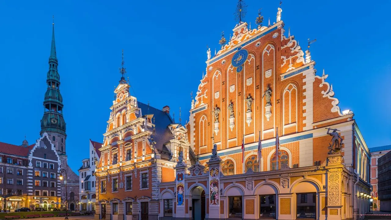 The House of the Blackheads at dusk, Riga