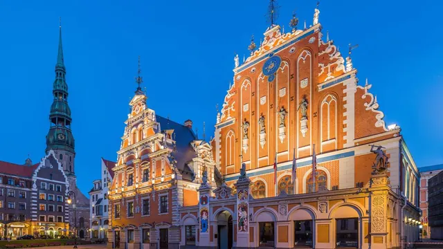 The House of the Blackheads at dusk, Riga