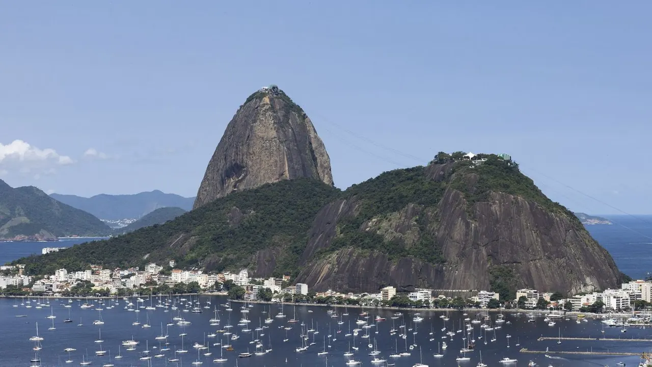 Sugarloaf Mountain above the boats in Botafogo Bay, Rio de Janeiro