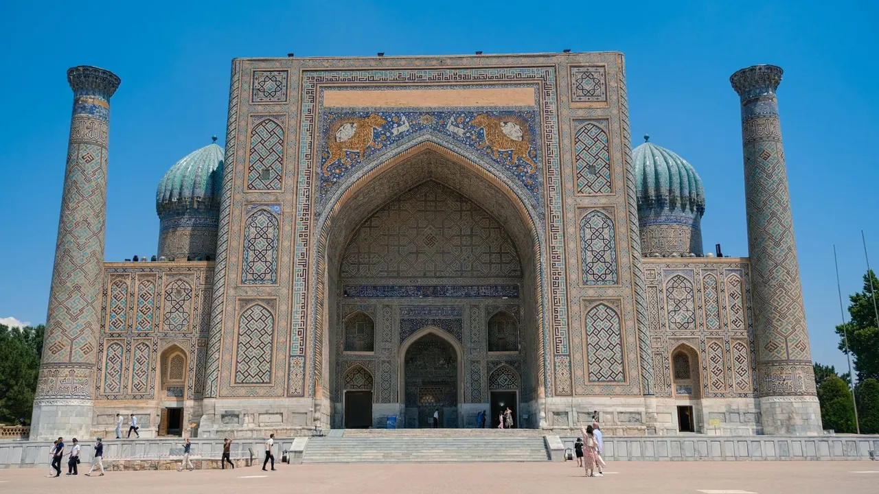 A madrasa and its minarets on the Registan, Samarkand