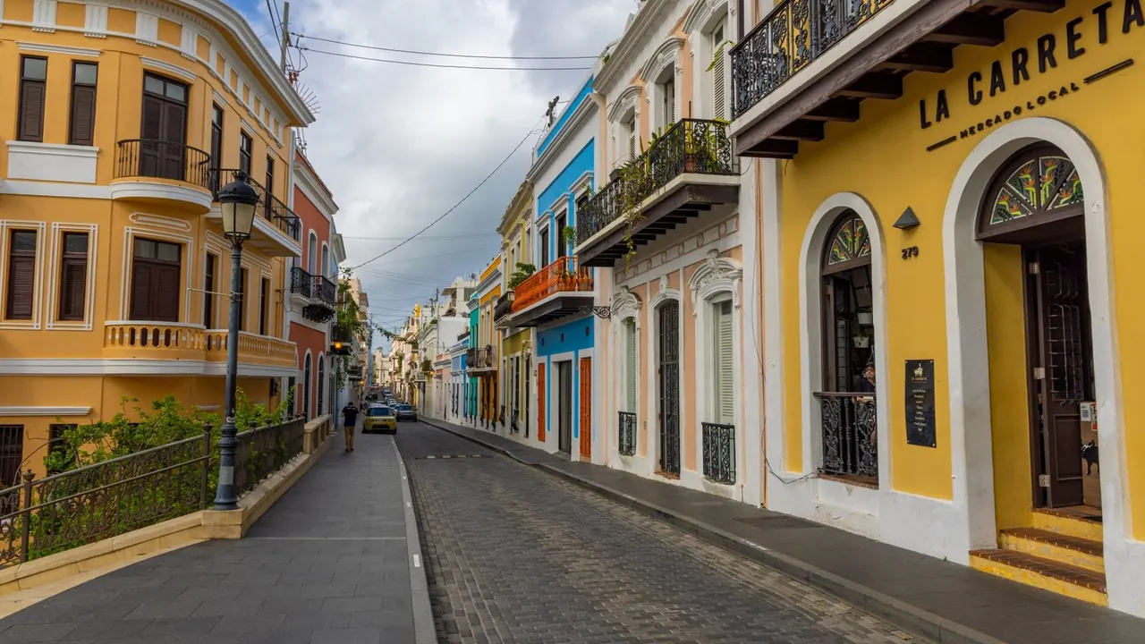 A cobbled street of painted houses in Old San Juan, San Juan