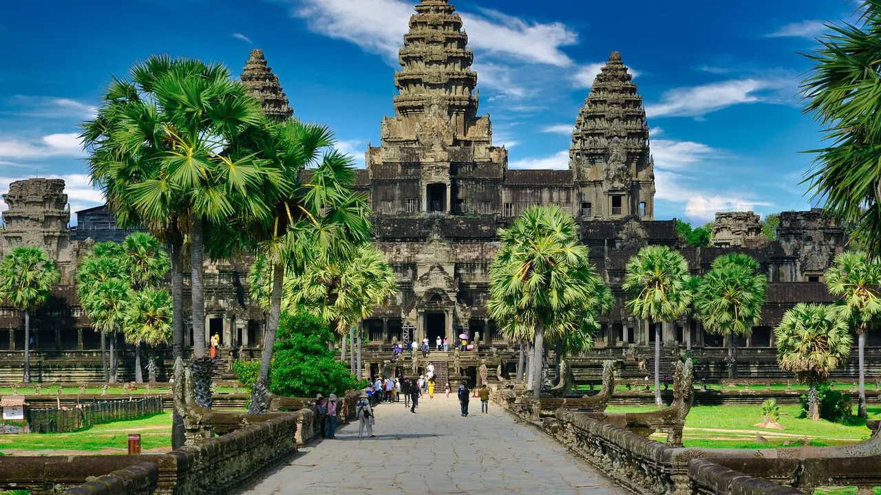 Angkor Wat beyond the palms of the causeway, Siem Reap